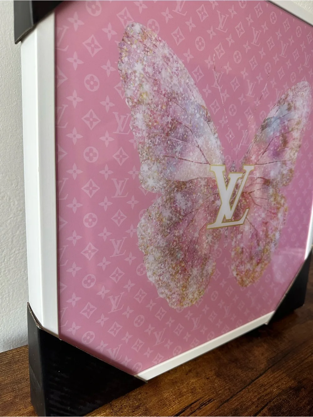 Luxury Designer Inspired Framed Gold & Pink Sparkle Butterfly Wall Art Decor NWT